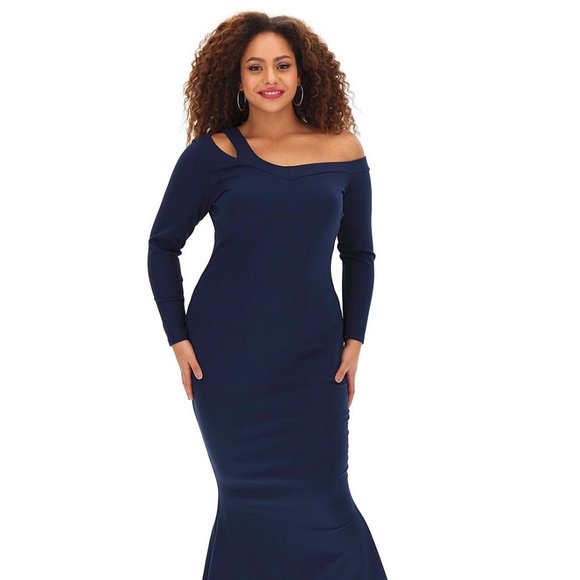 Off The Shoulder Fishtail Bodycon Dress Blue Size 16 - Picture 1 of 3
